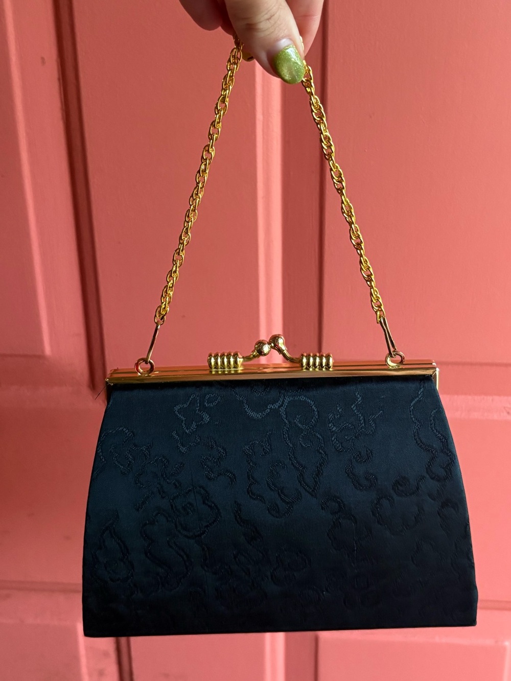 Vintage Black Satin Embossed kimono Clutch purse with Gold Chain with clouds